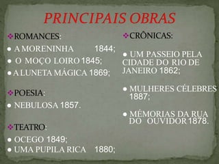 ROMANCES:
● AMORENINHA 1844;
● O MOÇO LOIRO1845;
●ALUNETA MÁGICA 1869;
POESIA:
● NEBULOSA 1857.
TEATRO:
● OCEGO 1849;
● UMA PUPILA RICA 1880;
CRÔNICAS:
● UM PASSEIO PELA
CIDADE DO RIO DE
JANEIRO 1862;
● MULHERES CÉLEBRES
1887;
● MÉMORIAS DA RUA
DO OUVIDOR1878.
 
