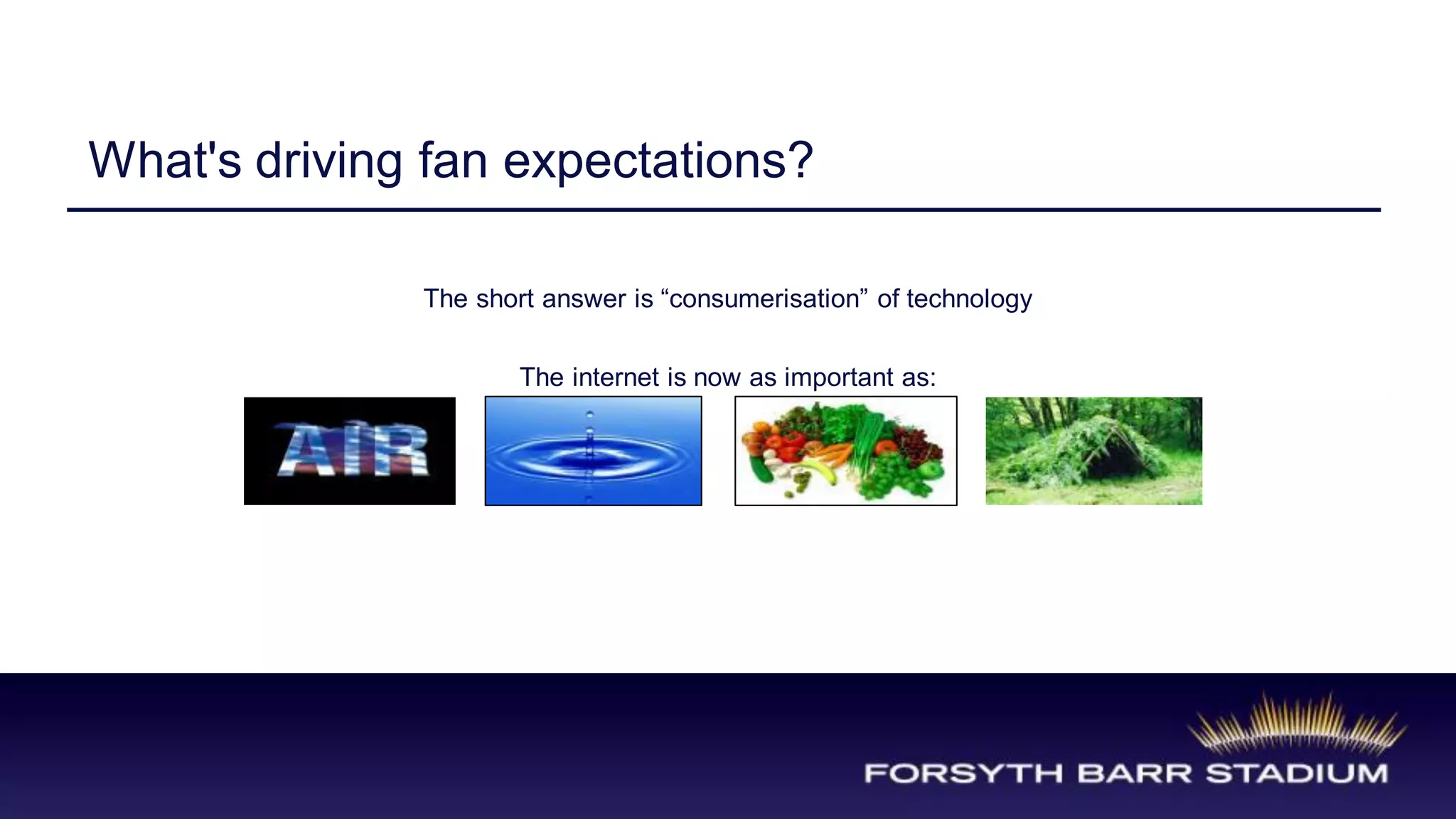 What's driving fan expectations?

              The short answer is “consumerisation” of technology


                      The internet is now as important as:
 