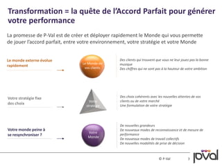 Transformation = la quête de l’Accord Parfait pour générer 
votre performance 
La promesse de P-Val est de créer et déployer rapidement le Monde qui vous permette 
de jouer l’accord parfait, entre votre environnement, votre stratégie et votre Monde 
© P-Val 
3 
Le monde externe évolue 
rapidement 
Votre stratégie fixe 
des choix 
Votre monde peine à 
se resynchroniser ? 
Le Monde de 
vos clients 
Votre 
stratégie 
Votre 
Monde 
Des clients qui trouvent que vous ne leur jouez pas la bonne 
musique 
Des chiffres qui ne sont pas à la hauteur de votre ambition 
Des choix cohérents avec les nouvelles attentes de vos 
clients ou de votre marché 
Une formulation de votre stratégie 
De nouvelles grandeurs 
De nouveaux modes de reconnaissance et de mesure de 
performance 
De nouveaux modes de travail collectifs 
De nouvelles modalités de prise de décision 
 