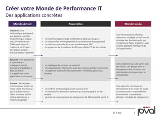 Monde Actuel Passerelles Monde voulu 
© P-Val 6 
Créer votre Monde de Performance IT 
Des applications concrètes 
Industrie : Une 
informatique qui répond 
aux besoins exprimés 
localement par chaque 
site, en mode réactif 
2000 applications à 
maintenir sur 15 pays. 
Des grands projets 
transverses hors contrôle 
• Une communication large et interactive dans tous les pays 
• Un dispositif de développement de la satisfaction des équipes IT 
• La mise sous contrôle du projet emblématique SAP 
• Un processus de travail avec les BU pour placer l’IT au bon niveau 
Une informatique unifiée qui 
maitrise sa stratégie en lien avec la 
stratégie des Business units, qui 
s’organise de façon proactive, avec 
un parc applicatif homogène de 
200 applications 
Services : Une production 
« boite noire », 
s’appuyant sur du 
personnel prestataire à 
90%, en mode 
« propriétaire » une 
application = un serveur 
• Un catalogue de services co-construit 
• Une organisation internalisée avec des missions claires et pérennes 
• Une gestion optimisée des Datacenters : machines, processus, 
équipes 
Une production qui sait parler avec 
ses clients, une équipe dont le 
management est pérenne, une 
optimisation des moyens par la 
virtualisation 
Banque : Des équipes 
informatiques projets en 
mode client-fournisseur, 
qui se substituent au 
client business, qui lui-même 
abandonne la 
maitrise du projet 
• Une même méthodologie projet business & IT 
• Un dispositif de formation commun qui accompagne la vie des 
projets 
• La prise en compte amont du changement de Monde porté par le SI 
Une approche commune du 
déroulement d’un projet en mode 
co-construction : responsabilité 
économique, transparence 
décision, conduite du changement 
 