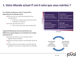 1. Votre Monde actuel IT est-il celui que vous méritez ? 
© P-Val 7 
Les résultats produits par votre IT aujourd’hui 
dépendent de son Monde actuel 
Êtes-vous clair sur ce que vous attendez de votre 
management IT ? 
Le CIO est-il membre à part entière du Comité 
de Direction ? Pourquoi ? 
Au fond, quel CIO voulez-vous ? 
Avoir ou être, selon votre position (CEO, CIO) 
L’approche Monde permet de synchroniser vos 
différentes représentations sur la finalité et les modes 
d’actions de l’IT 
Pourquoi en sommes-nous là ? Quelles sont les 
logiques d’action actuelles ? 
Quel est le principe supérieur qui doit guider l’action de 
l’IT ? 
Comment faire vivre ce principe au quotidien dans les 
stratégies IT, les processus, l’organisation, les arbitrages 
? 
Transformateur 
Changer la chaine de 
valeur et les interactions 
Innovateur 
Proposer des changements 
majeurs : produits, 
marchés, business modèles 
Optimiseur 
Maitriser les budgets et 
améliorer l’efficacité 
organisationnelle 
Manager 
Préciser les modes 
opératoires et favoriser les 
collaborations 
Innovation 
Efficience 
 