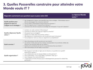 3. Quelles Passerelles construire pour atteindre votre 
Monde voulu IT ? 
© P-Val 9 
Répondre autrement aux questions que se pose votre CEO 
La réponse Monde 
voulu ? 
Quelle position pour 
préparer le futur et 
s’aligner sur la stratégie ? 
 Des changements majeurs sont identifiés dans notre stratégie : l’informatique saura-t-elle 
les accompagner (ex croissance externe)? 
 Puis-je utiliser l’informatique comme levier de croissance ? 
 Que me rapporte mon IT, aujourd’hui et demain ? 
 Comment mon CIO est-il associé à la stratégie de l’entreprise ? A qui est-il rattaché ? 
Quelles dépenses/ Quelle 
valeur ? 
 Combien me coûte vraiment l’informatique? 
 Comment se situent mes coûts par rapport au marché ? 
 Où passent tous ces budgets? 
 Quelle est la réelle valeur des services rendus ? 
 Mes dépenses et investissements sont-ils pertinents pour le business? 
 Puis-je dépenser moins ou mieux au regard de ma compétitivité ? 
Quels services ? 
 Mon informatique est-elle tournée vers mes clients? 
 Les services rendus ainsi que leur niveaux correspondent-ils aux attentes réelles des 
clients et aux priorités fixées par les métiers ? 
 Quelle est la contribution de mes SI à ma performance face aux clients ? 
 Mon informatique est-elle fiable et sécurisée ? 
Quelle organisation ? 
 Mes équipes IT sont-elles en ligne avec les besoins, en quantité et en qualité? 
Aujourd’hui? Demain ? 
 Leur collaboration avec les équipes Métier est-elle optimale ? 
 Faut-il externaliser, si oui à quel degré ? Comment ? Avec qui ? 
 Faut-il disposer d’un centre off-shore ? 
 L’organisation est-elle vertueuse pour le développement personnel et collectif des 
personnels ? 
 