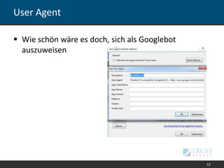 User Agent
 Wie schön wäre es doch, sich als Googlebot
auszuweisen
12
 