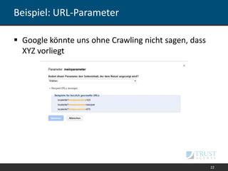 Beispiel: URL-Parameter
22
 Google könnte uns ohne Crawling nicht sagen, dass
XYZ vorliegt
 