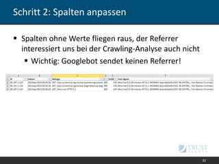 Schritt 2: Spalten anpassen
 Spalten ohne Werte fliegen raus, der Referrer
interessiert uns bei der Crawling-Analyse auch nicht
 Wichtig: Googlebot sendet keinen Referrer!
32
 