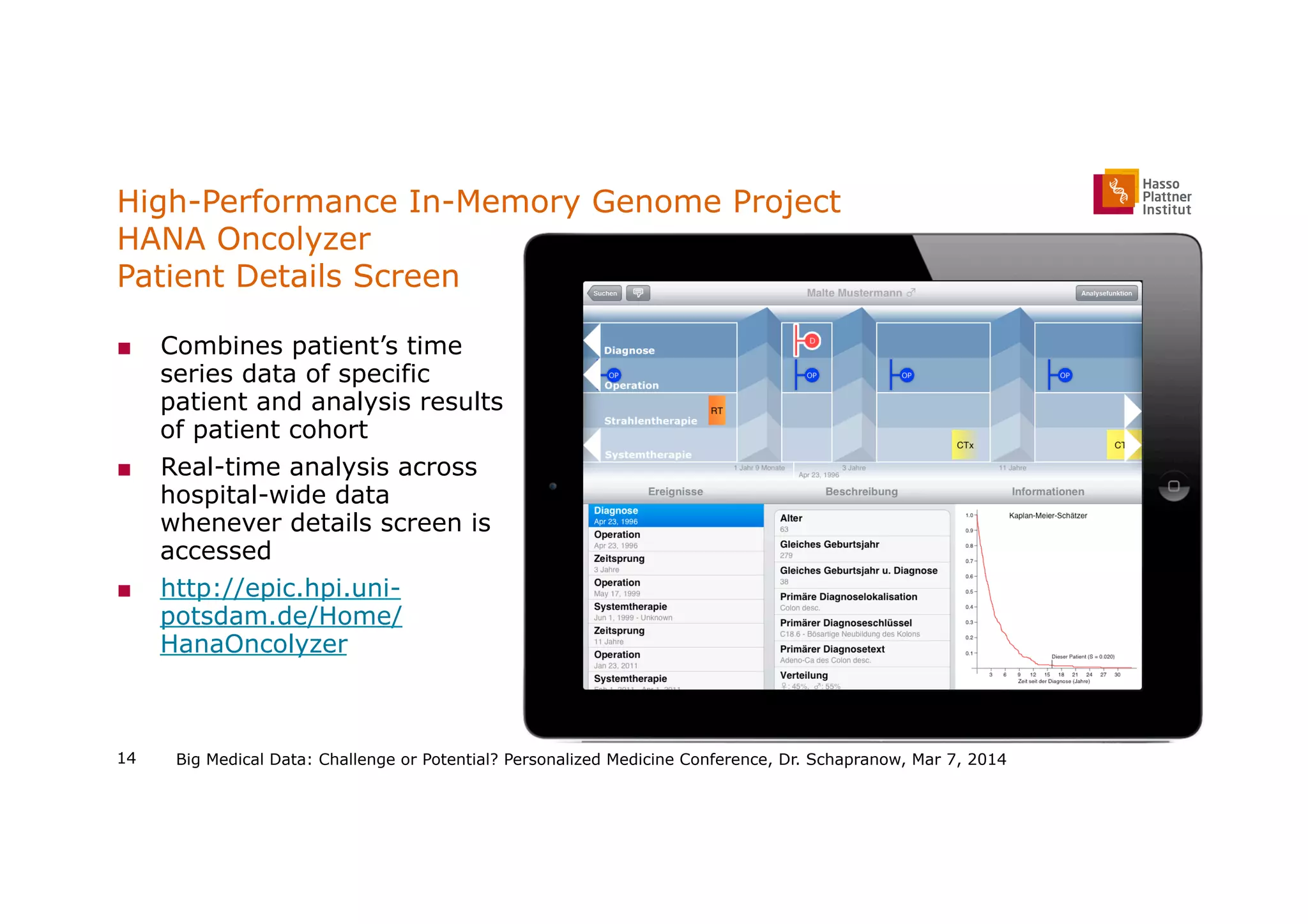 High-Performance In-Memory Genome Project
HANA Oncolyzer
Patient Details Screen
■  Combines patient’s time
series data of specific
patient and analysis results
of patient cohort
■  Real-time analysis across
hospital-wide data
whenever details screen is
accessed
■  http://epic.hpi.uni-
potsdam.de/Home/
HanaOncolyzer
Big Medical Data: Challenge or Potential? Personalized Medicine Conference, Dr. Schapranow, Mar 7, 201414
 