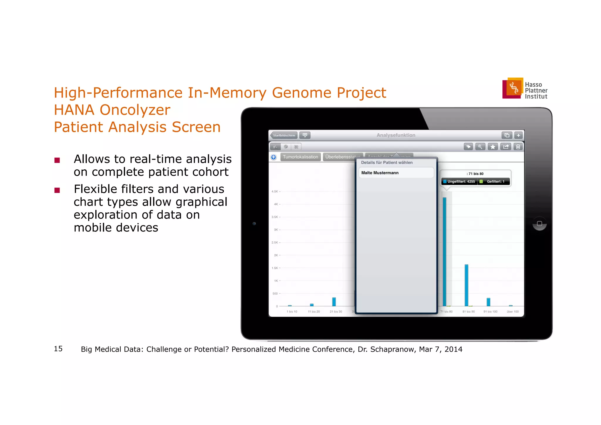 High-Performance In-Memory Genome Project
HANA Oncolyzer
Patient Analysis Screen
■  Allows to real-time analysis
on complete patient cohort
■  Flexible filters and various
chart types allow graphical
exploration of data on
mobile devices
Big Medical Data: Challenge or Potential? Personalized Medicine Conference, Dr. Schapranow, Mar 7, 201415
 