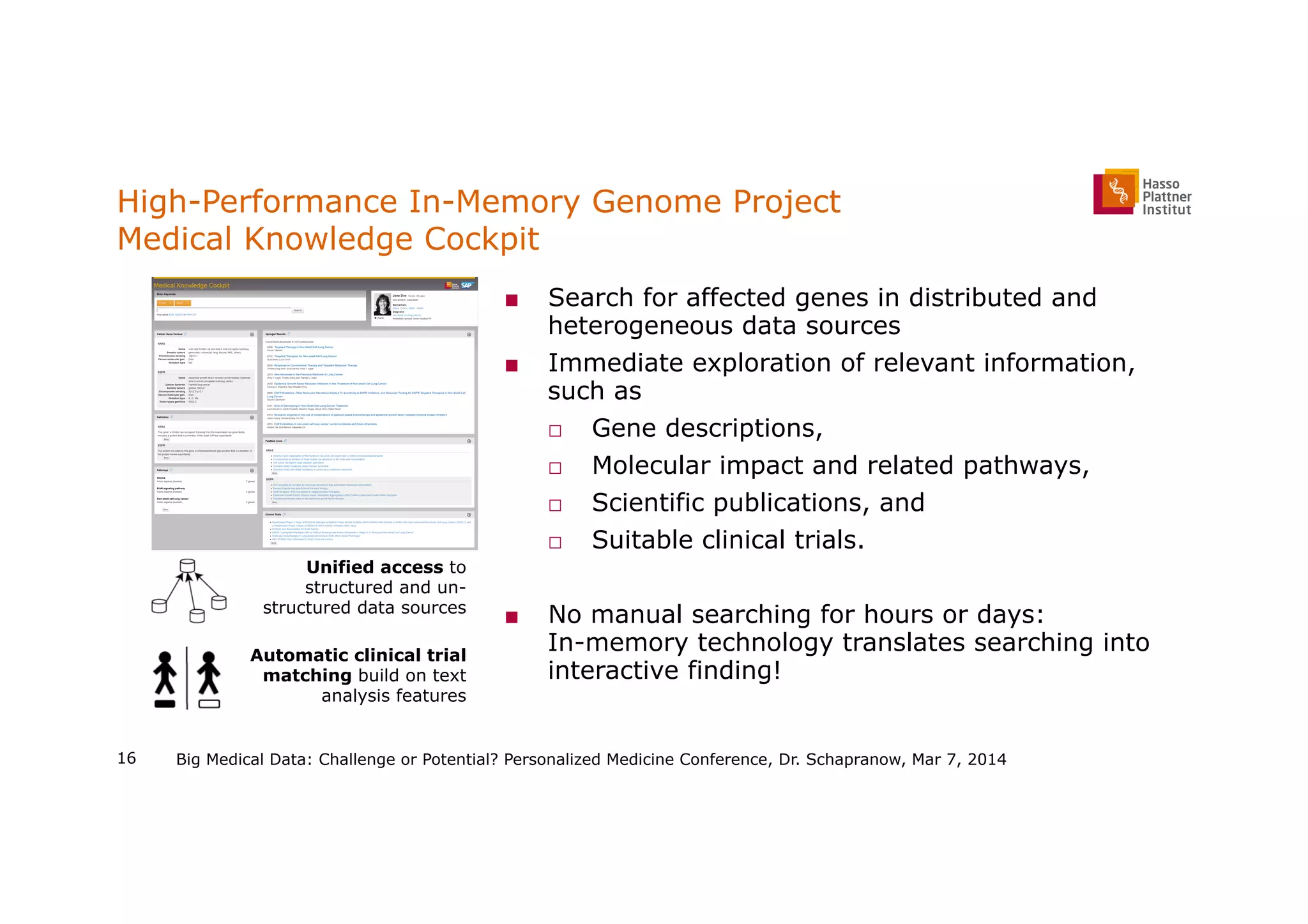High-Performance In-Memory Genome Project
Medical Knowledge Cockpit
■  Search for affected genes in distributed and
heterogeneous data sources
■  Immediate exploration of relevant information,
such as
□  Gene descriptions,
□  Molecular impact and related pathways,
□  Scientific publications, and
□  Suitable clinical trials.
■  No manual searching for hours or days:
In-memory technology translates searching into
interactive finding!
Big Medical Data: Challenge or Potential? Personalized Medicine Conference, Dr. Schapranow, Mar 7, 2014
Automatic clinical trial
matching build on text
analysis features
Unified access to
structured and un-
structured data sources
16
 