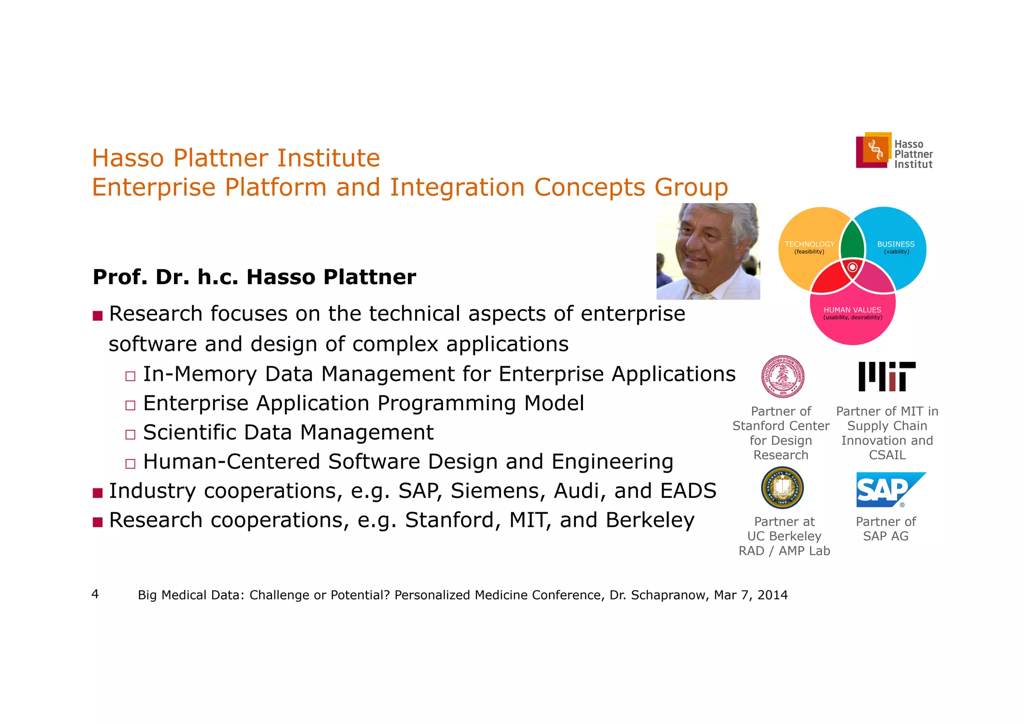 Hasso Plattner Institute
Enterprise Platform and Integration Concepts Group
  Prof. Dr. h.c. Hasso Plattner
■ Research focuses on the technical aspects of enterprise
software and design of complex applications
□  In-Memory Data Management for Enterprise Applications
□  Enterprise Application Programming Model
□  Scientific Data Management
□  Human-Centered Software Design and Engineering
■ Industry cooperations, e.g. SAP, Siemens, Audi, and EADS
■ Research cooperations, e.g. Stanford, MIT, and Berkeley
Big Medical Data: Challenge or Potential? Personalized Medicine Conference, Dr. Schapranow, Mar 7, 20144
Partner of
Stanford Center
for Design
Research
Partner of MIT in
Supply Chain
Innovation and
CSAIL
Partner at
UC Berkeley 
RAD / AMP Lab
Partner of
SAP AG
 