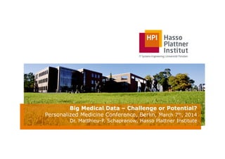 Big Medical Data – Challenge or Potential?
Personalized Medicine Conference, Berlin, March 7th, 2014
Dr. Matthieu-P. Schapranow, Hasso Plattner Institute
 