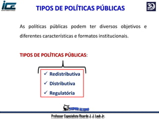 Professor Especialista Ricardo J. J. Laub Jr.
As políticas públicas podem ter diversos objetivos e
diferentes características e formatos institucionais.
TIPOS DE POLÍTICAS PÚBLICAS:
 Redistributiva
 Distributiva
 Regulatória
TIPOS DE POLÍTICAS PÚBLICAS
 