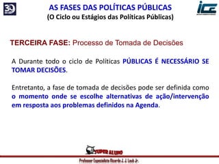 Professor Especialista Ricardo J. J. Laub Jr.
AS FASES DAS POLÍTICAS PÚBLICAS
(O Ciclo ou Estágios das Políticas Públicas)
TERCEIRA FASE: Processo de Tomada de Decisões
A Durante todo o ciclo de Políticas PÚBLICAS É NECESSÁRIO SE
TOMAR DECISÕES.
Entretanto, a fase de tomada de decisões pode ser definida como
o momento onde se escolhe alternativas de ação/intervenção
em resposta aos problemas definidos na Agenda.
 