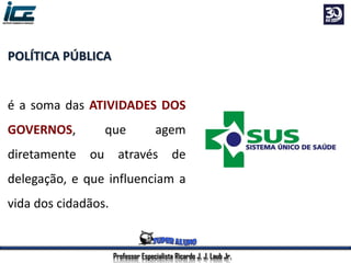 Professor Especialista Ricardo J. J. Laub Jr.
POLÍTICA PÚBLICA
é a soma das ATIVIDADES DOS
GOVERNOS, que agem
diretamente ou através de
delegação, e que influenciam a
vida dos cidadãos.
 