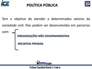 Professor Especialista Ricardo J. J. Laub Jr.
Tem o objetivo de atender a determinados setores da
sociedade civil. Elas podem ser desenvolvidas em parcerias
com:
POLÍTICA PÚBLICA
ORGANIZAÇÕES NÃO GOVERNAMENTAIS
INICIATIVA PRIVADA
 