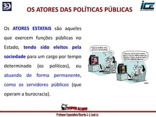 Professor Especialista Ricardo J. J. Laub Jr.
OS ATORES DAS POLÍTICAS PÚBLICAS
Os ATORES ESTATAIS são aqueles
que exercem funções públicas no
Estado, tendo sido eleitos pela
sociedade para um cargo por tempo
determinado (os políticos), ou
atuando de forma permanente,
como os servidores públicos (que
operam a burocracia).
 