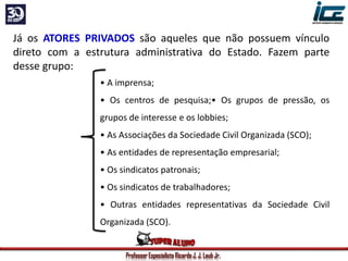 Professor Especialista Ricardo J. J. Laub Jr.
Já os ATORES PRIVADOS são aqueles que não possuem vínculo
direto com a estrutura administrativa do Estado. Fazem parte
desse grupo:
• A imprensa;
• Os centros de pesquisa;• Os grupos de pressão, os
grupos de interesse e os lobbies;
• As Associações da Sociedade Civil Organizada (SCO);
• As entidades de representação empresarial;
• Os sindicatos patronais;
• Os sindicatos de trabalhadores;
• Outras entidades representativas da Sociedade Civil
Organizada (SCO).
 