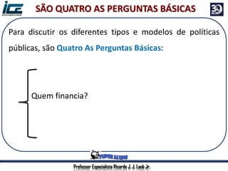 Professor Especialista Ricardo J. J. Laub Jr.
Para discutir os diferentes tipos e modelos de políticas
públicas, são Quatro As Perguntas Básicas:
Qual o objetivo?
Quem financia?
Quem vai implementar?
Quais serão os beneficiados?
SÃO QUATRO AS PERGUNTAS BÁSICAS
 