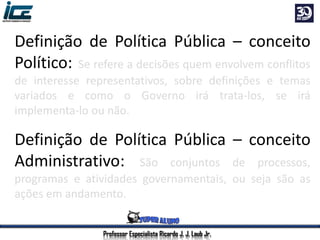 Professor Especialista Ricardo J. J. Laub Jr.
Definição de Política Pública – conceito
Político: Se refere a decisões quem envolvem conflitos
de interesse representativos, sobre definições e temas
variados e como o Governo irá trata-los, se irá
implementa-lo ou não.
Definição de Política Pública – conceito
Administrativo: São conjuntos de processos,
programas e atividades governamentais, ou seja são as
ações em andamento.
 