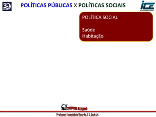 Professor Especialista Ricardo J. J. Laub Jr.
POLÍTICA SOCIAL
Saúde
Habitação
POLÍTICAS PÚBLICAS X POLÍTICAS SOCIAIS
 
