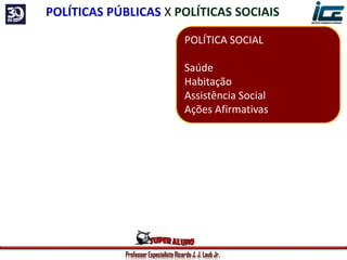 Professor Especialista Ricardo J. J. Laub Jr.
POLÍTICA SOCIAL
Saúde
Habitação
Assistência Social
Ações Afirmativas
POLÍTICAS PÚBLICAS X POLÍTICAS SOCIAIS
 