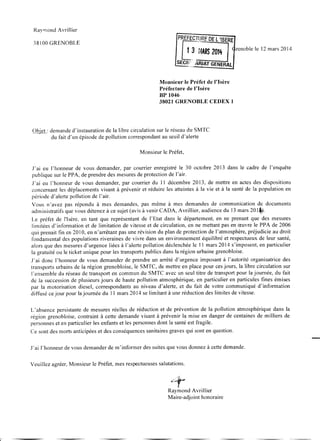La lettre au préfet de l'Isère