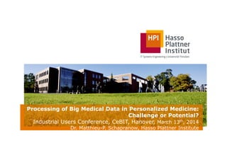 Processing of Big Medical Data in Personalized Medicine:
Challenge or Potential?
Industrial Users Conference, CeBIT, Hanover, March 13th, 2014
Dr. Matthieu-P. Schapranow, Hasso Plattner Institute
 