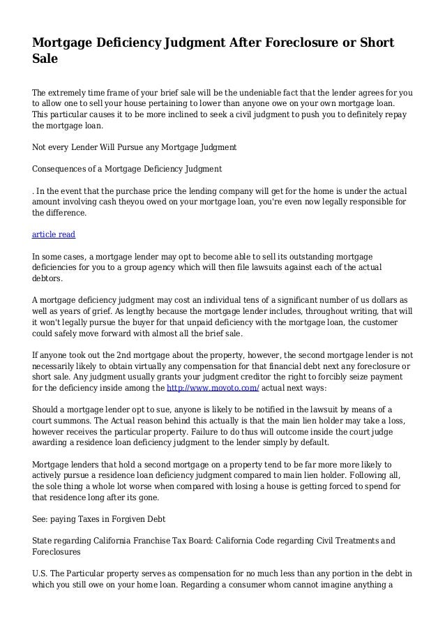 Mortgage Deficiency Judgment After Foreclosure or Short Sale