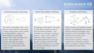 endoverend AB
Environmental scanning Ideas & problem solving Product definition
The world is changing. Fast. I can
help you set up and run processes
to make sense of the world outside
your organisation. Going from
weak signals to actionable
insights, the results will help you
put your own research into
context, and help you make
decisions on how to fulfill the
needs and opportunities of the
outside world.
Sometimes you're stuck. You have
no idea flow, or have run into a
hard (technical) problem. I can
facilitate the processes to get you
unstuck, using a wide variety of
creativity tools, ranging from a
brainstorm session to advanced
problem solving tools like TRIZ.
The results will give you a number
of prioritized solutions to take to
the next stage.
When building your product needs,
wishes, and demands from anyone
affected need to be aligned, and
decisions need to be taken. I can
facilitate this process, and
depending on the your
development process, act as a
requirements engineer, product
owner or analyst, making sure you
are building the right thing.
Adventures in the fuzzy front end of product development
 