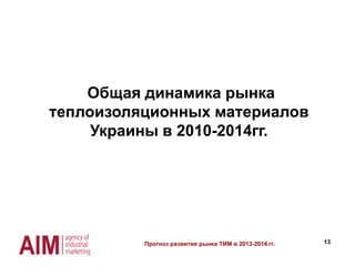 13
Общая динамика рынка
теплоизоляционных материалов
Украины в 2010-2014гг.
Прогноз развития рынка ТИМ в 2013-2014 гг.
 