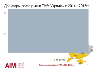 18
Драйверы роста рынка ТИМ Украины в 2014 - 2015гг.
 Принятые изменения в ДБН В.2.6.-31:2006 «Тепловая изоляция зданий» в июле
2013 года:
 Сокращено количество климатических зон с 4 до 2
 Увеличен показатель минимально допустимого значения сопротивления
теплопередаче ограждающих конструкций жилых и общественных зданий с
2,8 до 3,3 для І-й климатической зоны и с 2,5 до 2,8 для ІІ-й зоны.
 Плановое повышение тарифов на энергоносители в 2014г. Уровень повышение
тарифов на энергоносители зависит от результатов переговоров Украины и
МВФ, которые состоятся в мае 2014 года:
 Природный газ – 25,0%
 Электроэнергия – 15,0%
 Теплоснабжение – 15,4 %
Прогноз развития рынка ТИМ в 2013-2014 гг.
 
