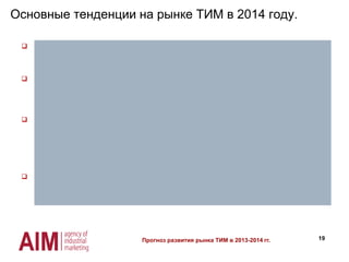 19
Основные тенденции на рынке ТИМ в 2014 году.
 В первой половине 2014 года ожидается низкая активность на строительном рынке,
связанная с нестабильной политической и экономической ситуацией в Украине, что
отразится на результатах всего года и падении рынка ТИМ Украины на уровне 3,1%.
 Сокращение доли стекловаты (GW) с 67,7% в 2012г. до 60,8% в 2014г. в общей структуре
рынка легких минеральных ват (GW&SW<50кг/м3) за счет увеличения конкуренции со
стороны каменной ваты (SW), а также нестабильным курсом национальной валюты
Украины.
 Увеличение доли каменной ваты (SW) c 3,8% в 2010 году до 14,3% в м3 в 2014 году по
отношению к полимерным ТИМ (EPS&XPS) в сегменте утепления фасадов «мокрым
методом». Уменьшение доли EPS произойдет за счет дискредитации пенополистирола
недобросовестными производителями. А также в результате падения платежеспособности
и снижения темпов утепления собственного жилья населением в виду сложной
экономической ситуации в стране и нестабильным курсом национальной валюты.
 В ІІІ квартале 2013г. Был запущен новый завод по производству каменой ваты в Украине.
(TM Тепловата, IZOLEX, г. Харьков). Но на стабильный объем производства компания не
может выйти по внутренним техническим причинам, а также сложной экономической
ситуации на строительном рынке Украины.
Прогноз развития рынка ТИМ в 2013-2014 гг.
 