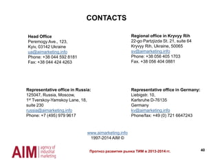 40
CONTACTS
Representative office in Germany:
Liebigstr. 10,
Karlsruhe D-76135
Germany
kv@aimarketing.info
Phone/fax: +49 (0) 721 6647243
Regional office in Kryvyy Rih
22-go Partzjizda St. 21, suite 64
Kryvyy Rih, Ukraine, 50065
sv@aimarketing.info
Phone: +38 056 405 1703
Fax. +38 056 404 0881
www.aimarketing.info
1997-2014 AIM ©
Representative office in Russia:
125047, Russia, Moscow,
1st Tverskoy-Yamskoy Lane, 18,
suite 230
russia@aimarketing.info
Phone: +7 (495) 979 9617
Прогноз развития рынка ТИМ в 2013-2014 гг.
Head Office
Peremogy Ave., 123,
Kyiv, 03142 Ukraine
ua@aimarketing.info
Phone: +38 044 592 8181
Fax: +38 044 424 4263
 