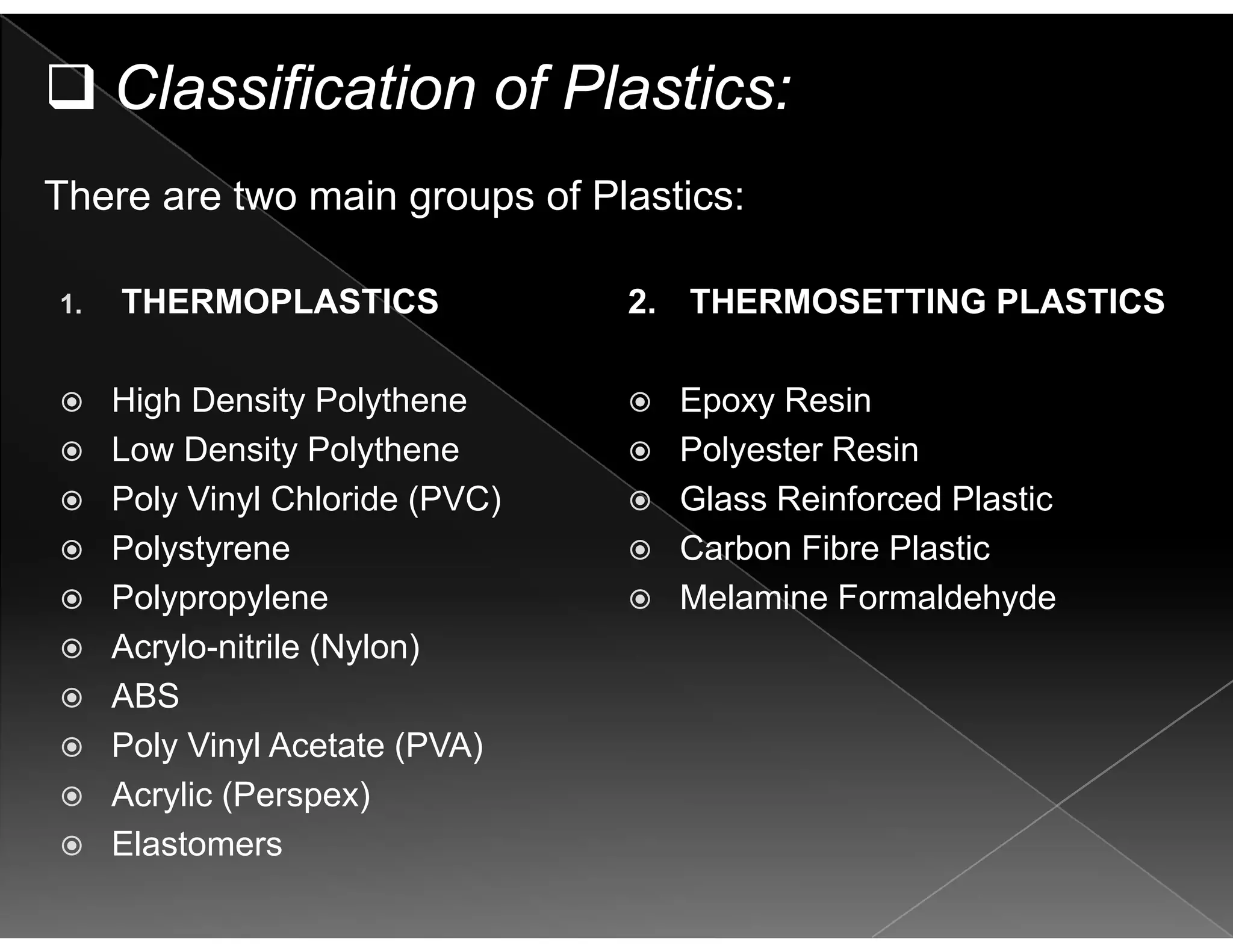 Classification of Plastics:
There are two main groups of Plastics:
1. THERMOPLASTICS 2. THERMOSETTING PLASTICS
High Density Polythene
Low Density Polythene
Epoxy Resin
Polyester Resin
Poly Vinyl Chloride (PVC)
Polystyrene
Polypropylene
Glass Reinforced Plastic
Carbon Fibre Plastic
Melamine FormaldehydePolypropylene
Acrylo-nitrile (Nylon)
ABS
Melamine Formaldehyde
ABS
Poly Vinyl Acetate (PVA)
Acrylic (Perspex)
Elastomers
 
