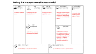 VALUE
PROPOSITIONS
CHANNELS
CUSTOMER
RELATIONSHIPS
CUSTOMER
SEGMENTS
REVENUE STREAMSCOST STRUCTURE
KEY
PARTNERS
KEY
RESOURCES
KEY
ACTIVITIES
Activity 2: Create your own business model
<< insert your value
proposition here>>
<< Describe your cost structure here>>
<< list your partners
here>>
<< describe your revenue streams here>>
<< list the key resources
available to you here>>
<< describe your key
activities here>>
<describe how you plan to
establish and manage the
relationship between the
customer and your brand
here>>
<< describe 1) how you
plan to acquire customers,
2) how you plan to deliver
your value proposition to
them and 3) how you
plan to communicate
with your customers >>
<< describe your
target customer
segment here>>
 