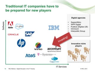 © PAC
Traditional IT companies have to
be prepared for new players
201419
IT Services
Software
Digital agencies
•  SapientNitro
•  WPP Digital
•  Publicis (Digitas LBi)
•  Omnicom
•  Interpublic Group
PAC Webinar - Digital Disruption in the IT Industry
Innovative niche
players
 