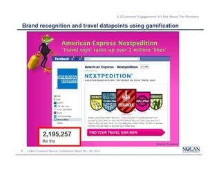 26 LOMA Customer Service Conference: March 26 – 28, 2014
5.3 Customer Engagement: It’s Not About The Numbers
Brand recognition and travel datapoints using gamification
 