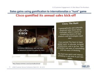 28 LOMA Customer Service Conference: March 26 – 28, 2014
5.3 Customer Engagement: It’s Not About The Numbers
Sales gains using gamification to internationalize a “hunt” game
 