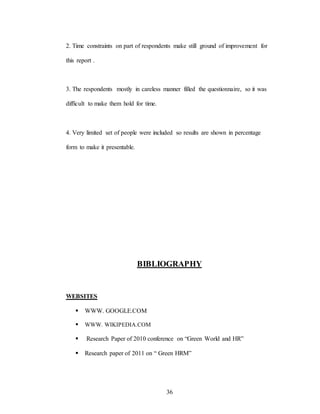 36
2. Time constraints on part of respondents make still ground of improvement for
this report .
3. The respondents mostly in careless manner filled the questionnaire, so it was
difficult to make them hold for time.
4. Very limited set of people were included so results are shown in percentage
form to make it presentable.
BIBLIOGRAPHY
WEBSITES
 WWW. GOOGLE.COM
 WWW. WIKIPEDIA.COM
 Research Paper of 2010 conference on “Green World and HR”
 Research paper of 2011 on “ Green HRM”
 