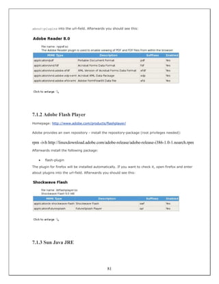 about:plugins into the url-field. Afterwards you should see this:




7.1.2 Adobe Flash Player
Homepage: http://www.adobe.com/products/flashplayer/

Adobe provides an own repository - install the repository-package (root privileges needed):


rpm -ivh http://linuxdownload.adobe.com/adobe-release/adobe-release-i386-1.0-1.noarch.rpm
Afterwards install the following package:


    •   flash-plugin

The plugin for firefox will be installed automatically. If you want to check it, open firefox and enter
about:plugins into the url-field. Afterwards you should see this:




7.1.3 Sun Java JRE




                                                81
 