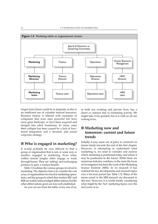 12                                   1 • INTRODUCTION TO MARKETING



Figure 1.5 Marketing within an organisational context


                                              Board of Directors or
                                              Governing Committee




       Marketing                   Finance                        Operations            Human Resource
                                                                                         Management




       Marketing                   Finance                            Operations             HRM
       Director                    Director                            Director             Director




       Marketing                                                                              HRM
                                 Finance team                   Operations team
        team                                                                                  team




longer-term future could be in jeopardy, as this is       in both our working and private lives, has a
an inefficient use of valuable internal resources.        direct or indirect link to marketing activity. We
Business history is littered with examples of             might take it for granted, but it is with us all our
companies that were once powerful but have                waking lives.
since gone bankrupt, or have been acquired and
merged into other businesses. In many cases
their collapse has been caused by a lack of func-         ■ Marketing now and
tional integration and a dynamic and sound                  tomorrow: current and future
corporate strategy.
                                                            trends
                                                          Initially it may seem out of place to comment on
■ Who is engaged in marketing?                            future trends towards the end of the first chapter.
It would probably be very difficult to find a             However, in attempting to understand what
group or organisation that is not, in some way or         marketing is, we need to consider and analyse
another, engaged in marketing. Even tribes                where marketing is positioned today, and where it
within remote jungles often engage in trade               may be positioned in the future. While there are
through barter. They are ‘selling’ and exchanging         numerous industry watchers, in the main the focus
produce to gain a mutual benefit.                         of investigation has been the work of the Marketing
   Table 1.2 outlines the various groups involved in      Science Institute (MSI). In its research it has
marketing. The objective here is to consider the vast     outlined the key developments and research topics
array of organisations involved in marketing opera-       over a ten-year period (see Table 1.3). Many of the
tions, and the groups to which they market. B2C and       issues raised in the MSI research are discussed in
B2B are widely acknowledged abbreviations, but the        this text. However, it is worth briefly considering
other abbreviations given are less well established.      what might be the ‘hot’ marketing topics over the
   As you can see from the table, every one of us,        next years or so.
 