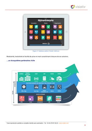 Toute reproduction partielle ou complète interdite sans autorisation - Tel : 33 (0) 478 87 29 29 – www.visiativ.com
9
Figure 3- Solutions métiers Visiativ Software
Modularité, évolutivité et facilité de prise en main caractérisent chacune de ses solutions.
…un écosystème partenaires riche
 