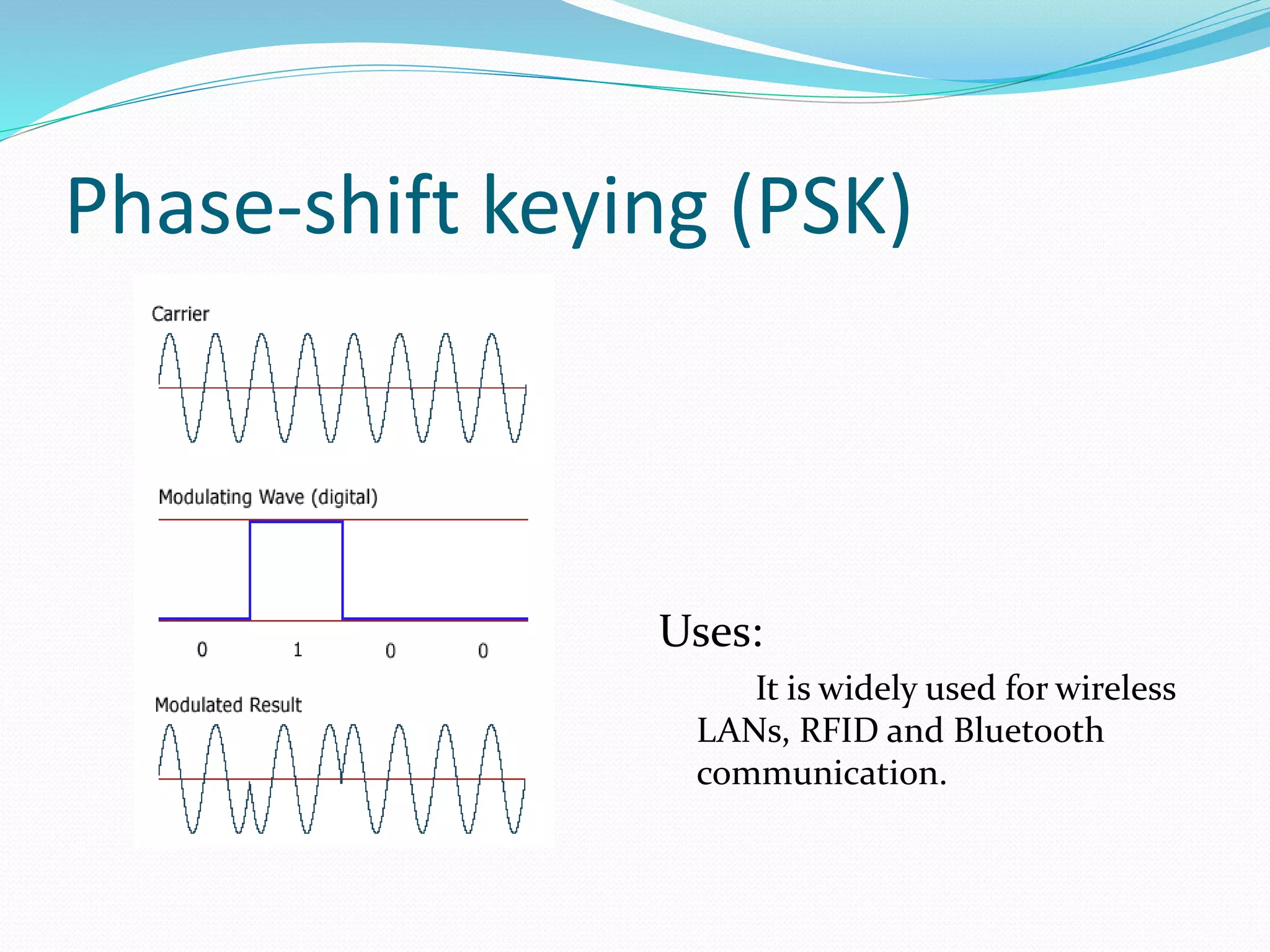 Phase-shift keying (PSK)
Uses:
It is widely used for wireless
LANs, RFID and Bluetooth
communication.
 
