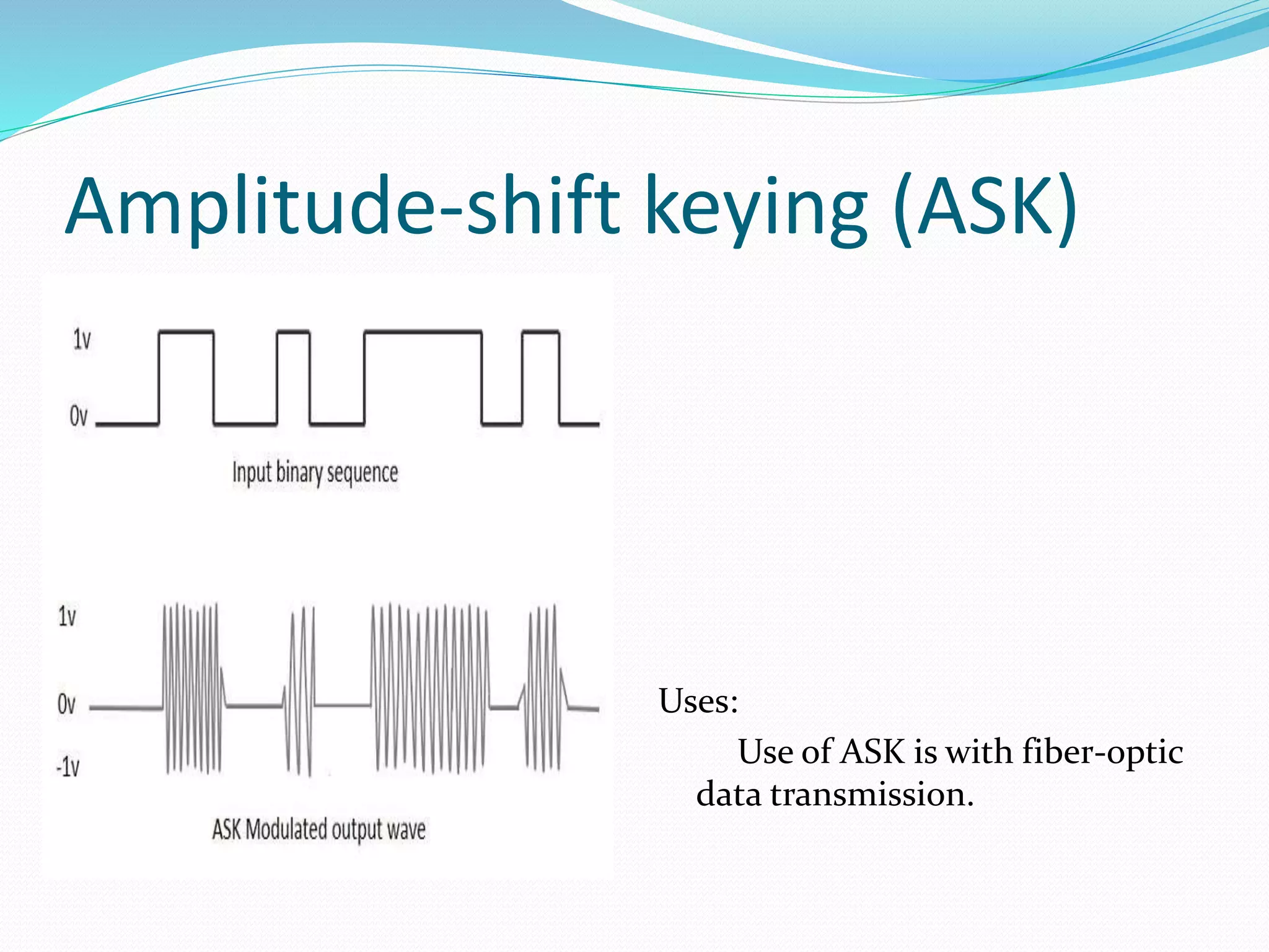 Amplitude-shift keying (ASK)
Uses:
Use of ASK is with fiber-optic
data transmission.
 