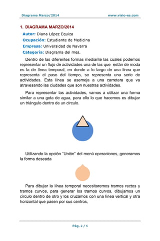 Diagrama Marzo/2014 www.visio-es.com
Pág. 2 / 5
1. DIAGRAMA MARZO/2014
Autor: Diana López Equiza
Ocupación: Estudiante de Medicina
Empresa: Universidad de Navarra
Categoría: Diagrama del mes.
Dentro de las diferentes formas mediante las cuales podemos
representar un flujo de actividades una de las que están de moda
es la de línea temporal, en donde a lo largo de una linea que
representa el paso del tiempo, se representa una serie de
actividades. Esta línea se asemeja a una carretera que va
atravesando las ciudades que son nuestras actividades.
Para representar las actividades, vamos a utilizar una forma
similar a una gota de agua, para ello lo que hacemos es dibujar
un triángulo dentro de un circulo.
Utilizando la opción “Unión” del menú operaciones, generamos
la forma deseada
Para dibujar la línea temporal necesitaremos tramos rectos y
tramos curvos, para generar los tramos curvos, dibujamos un
circulo dentro de otro y los cruzamos con una línea vertical y otra
horizontal que pasen por sus centros,
 
