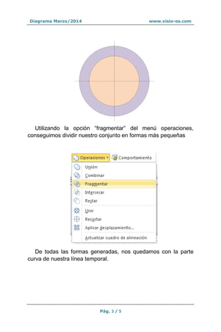 Diagrama Marzo/2014 www.visio-es.com
Pág. 3 / 5
Utilizando la opción “fragmentar” del menú operaciones,
conseguimos dividir nuestro conjunto en formas más pequeñas
De todas las formas generadas, nos quedamos con la parte
curva de nuestra línea temporal.
 