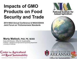 Marty Matlock, PhD, PE, BCEE
Executive Director, Office for Sustainability
Professor , Biological and Agricultural Engineering Department
University of Arkansas
Impacts of GMO
Products on Food
Security and Trade
2014 NIAA Annual Conference & NIAA/USAHA
Joint Forum on Trichomoniasis Standards
 