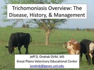 Trichomoniasis Overview: The
Disease, History, & Management
Jeff D. Ondrak DVM, MS
Great Plains Veterinary Educational Center
jondrak@gpvec.unl.edu
 