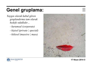 17 Nisan 2014 ©
Yaygın olarak kabul gören
gruplandırma tam olarak
hedefe odaklıdır...
- kurumsal (corporate)
- kişisel (private | special)
- kitlesel (massive | mass)
Genel gruplama: 
 