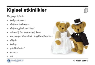 17 Nisan 2014 ©
Bu grup içinde:
- baby showers
- doğum kutlaması
- doğum günü partileri
- sünnet | bar mitzwah | kına
- mezuniyet törenleri | terfii kutlamaları
- düğün
- balayı
- yıldönümleri
- cenaze
- vb...
Kişisel etkinlikler 
 