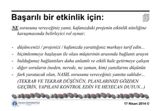 17 Nisan 2014 ©
NE sorusuna vereceğiniz yanıt, kafanızdaki projenin etkinlik niteliğine
kavuşmasında belirleyici rol oynar;
- düşüncenizi / projenizi / kafanızda yarattığınız markayı tarif edin...
- biçimlenmeye başlayan ile olası müşterinin arasında bağlantı arayın
- bulduğunuz bağlantıları daha anlamlı ve etkili hale getirmeye çalışın
- diğer soruların (neden, nerede, ne zaman, kim) yanıtlarını düşünün
- fark yaratacak olan, NASIL sorusuna vereceğiniz yanıtta saklıdır...
(TEKRAR VE TEKRAR DÜŞÜNÜN, PLANLARINIZI GÖZDEN
GEÇİRİN, YAPILANI KONTROL EDİN VE HEYECAN DUYUN...)
Başarılı bir etkinlik için: 
 